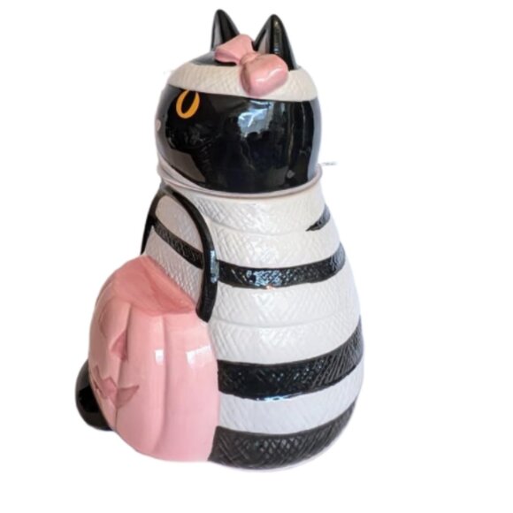 NWT Halloween White and Pink Mummy Cat Jar with Bow and Pumpkin Basket - Picture 2 of 6